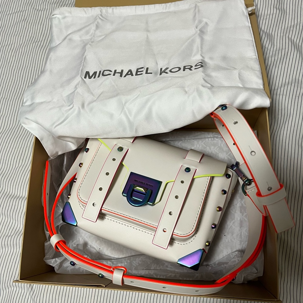 Michael Kors White Leather Crossbody with Neon Trim